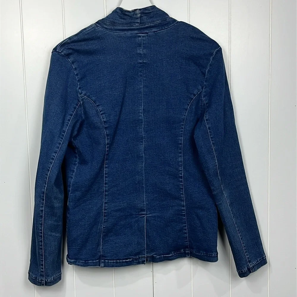 Helium Womens Denim Jacket L Dark Wash Open Front 1 Button Close Zip Pockets EUC